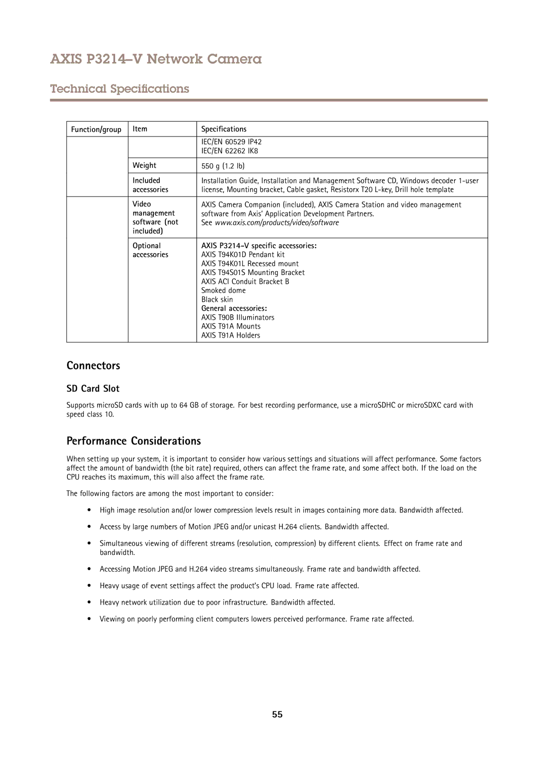 Axis Communications P3214-V user manual Connectors, Performance Considerations, Accessories, General accessories 