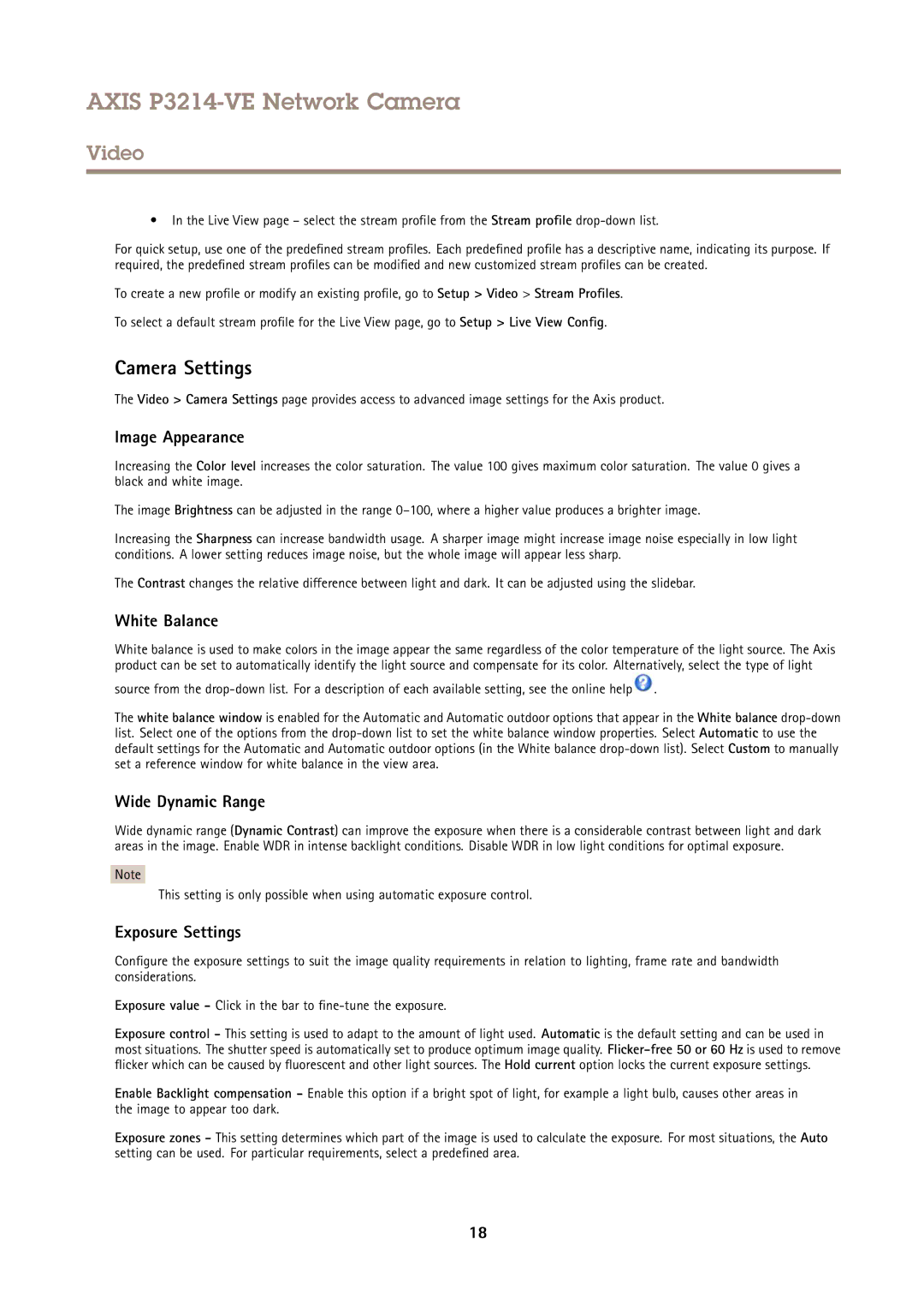 Axis Communications P3214-VE Camera Settings, Image Appearance, White Balance, Wide Dynamic Range, Exposure Settings 