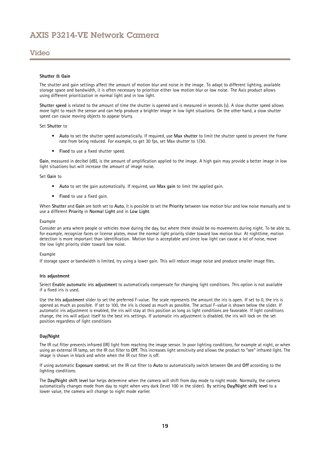 Axis Communications P3214-VE user manual Shutter & Gain, Set Shutter to, Iris adjustment, Day/Night 