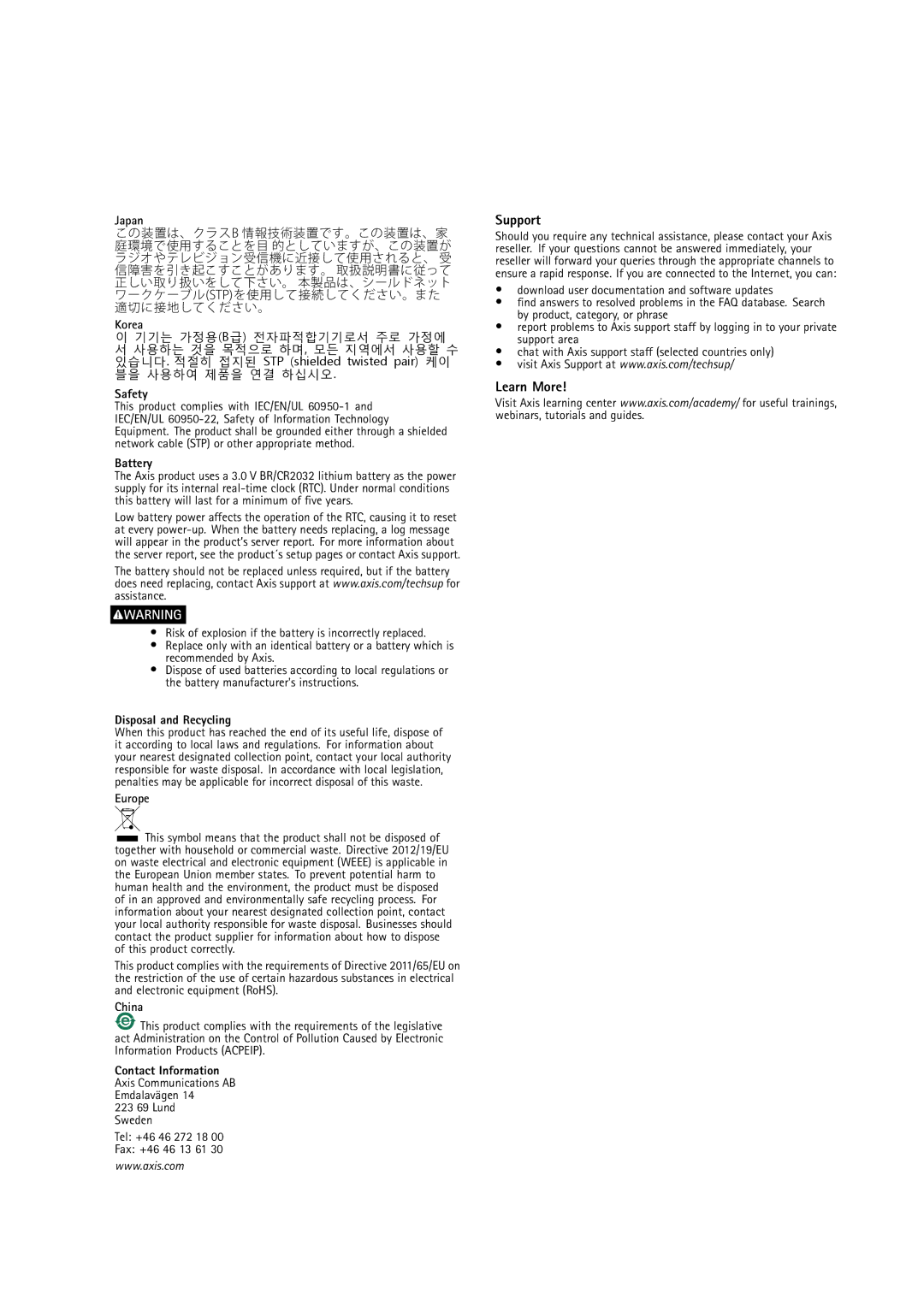 Axis Communications P3214-VE user manual Support, Learn More 