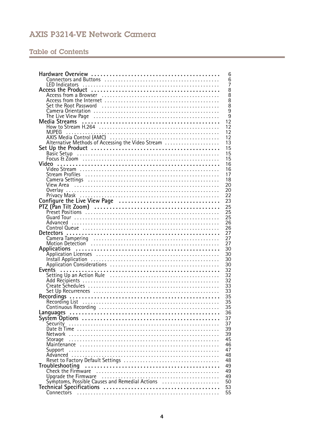 Axis Communications user manual Axis P3214-VE Network Camera, Table of Contents 