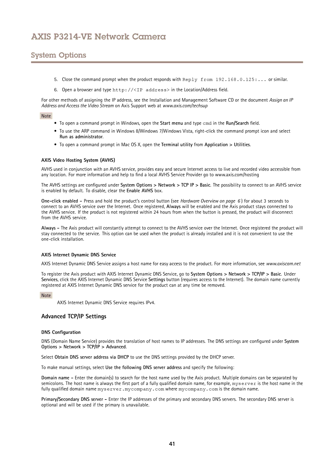 Axis Communications P3214-VE Advanced TCP/IP Settings, Axis Video Hosting System Avhs, Axis Internet Dynamic DNS Service 