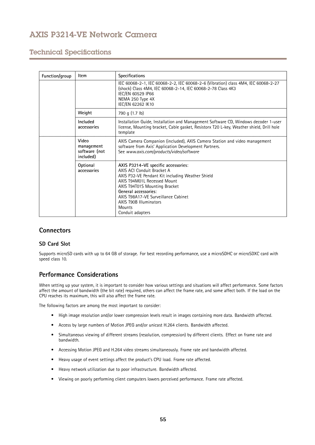 Axis Communications P3214-VE user manual Connectors, Performance Considerations 