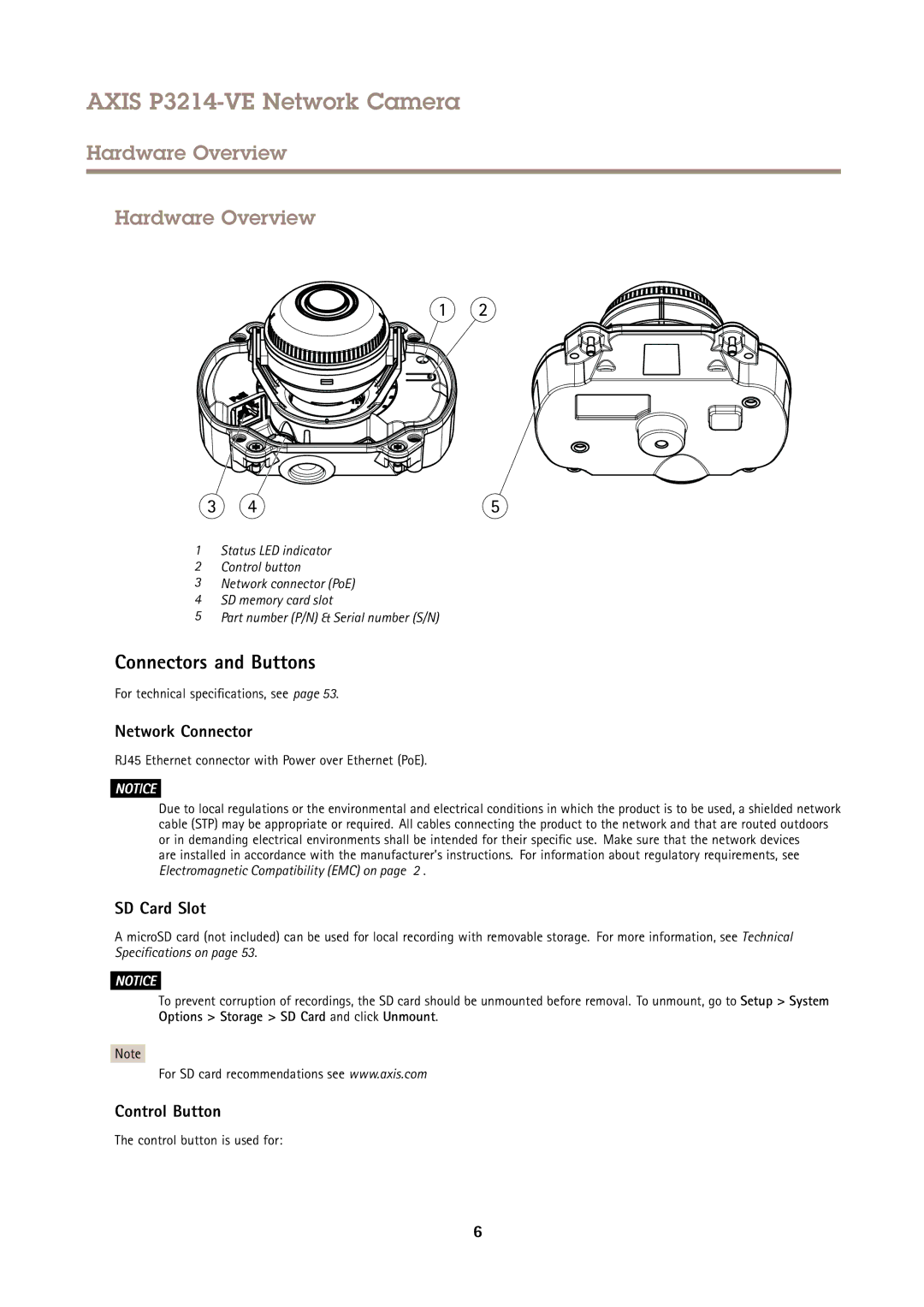 Axis Communications P3214-VE Hardware Overview, Connectors and Buttons, Network Connector, SD Card Slot, Control Button 