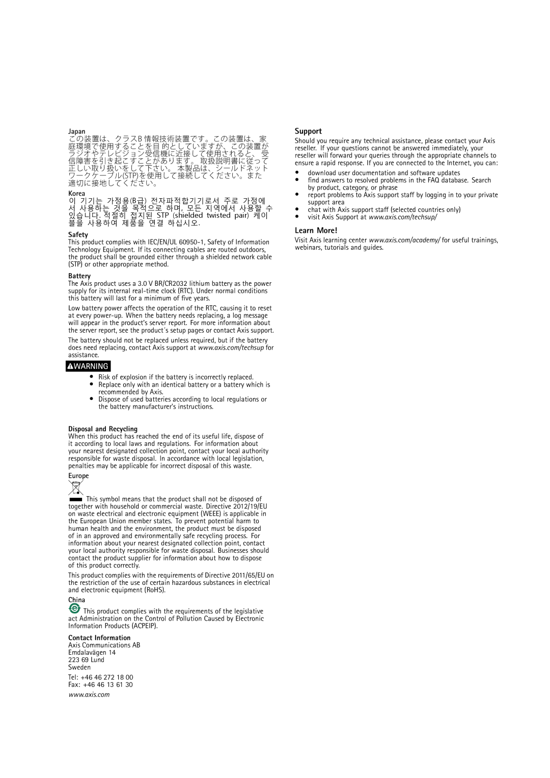 Axis Communications P3215-V user manual Support, Learn More 