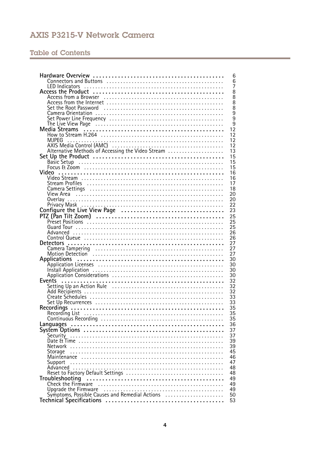 Axis Communications user manual Axis P3215-V Network Camera, Table of Contents 