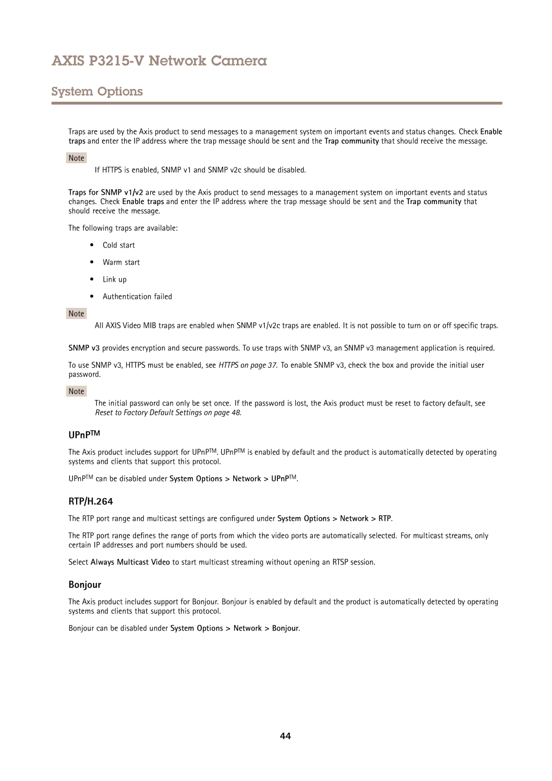 Axis Communications P3215-V user manual RTP/H.264, Bonjour, UPnPTM can be disabled under System Options Network UPnPTM 