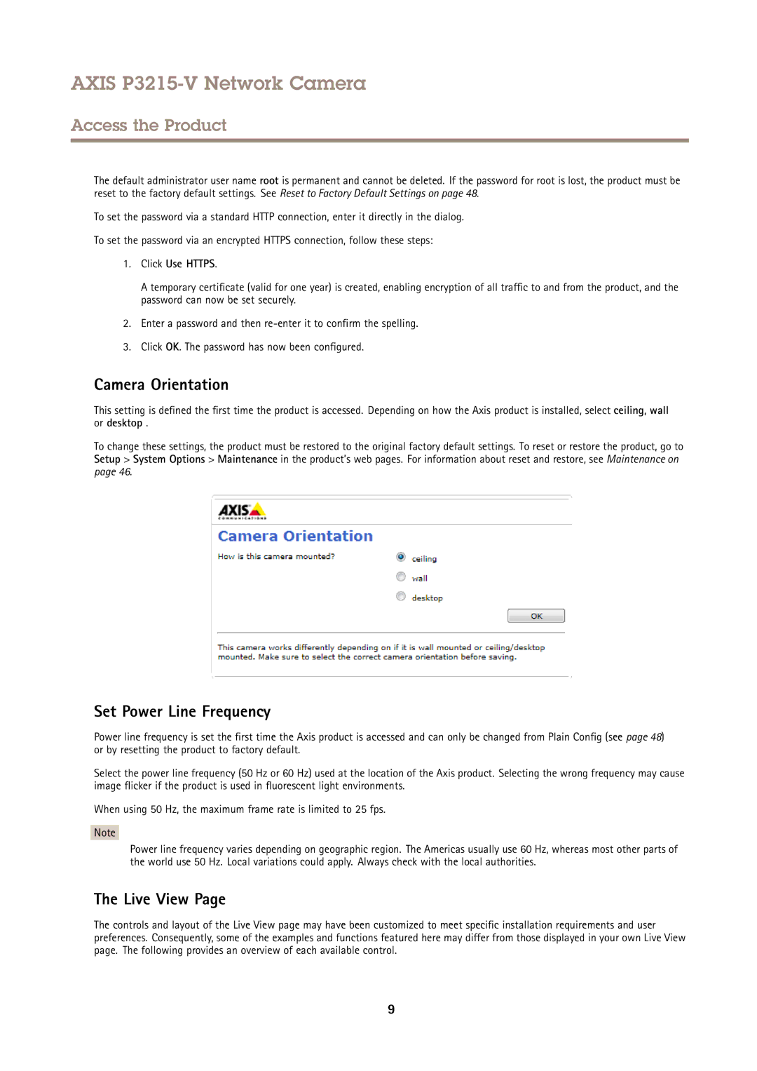 Axis Communications P3215-V user manual Camera Orientation, Set Power Line Frequency, Live View, Click Use Https 