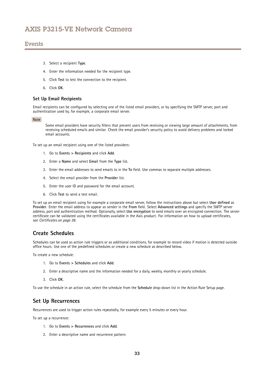 Axis Communications P3215-VE user manual Create Schedules, Set Up Recurrences, Set Up Email Recipients 