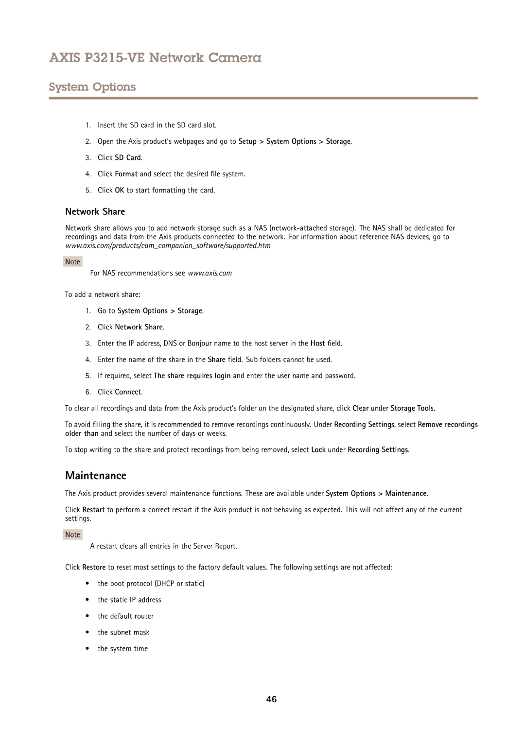 Axis Communications P3215-VE user manual Maintenance, Network Share, To add a network share 