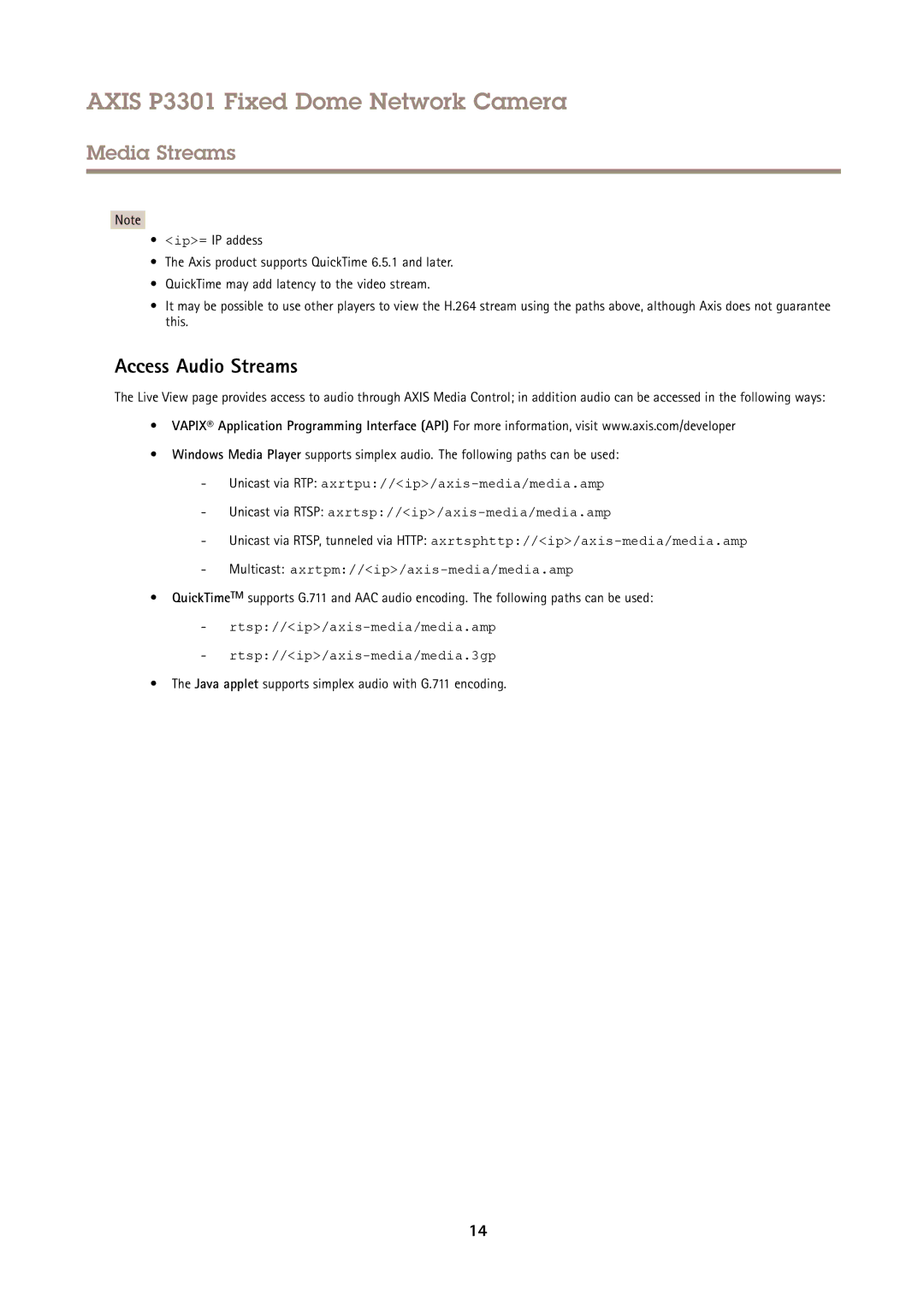 Axis Communications P3301 user manual Access Audio Streams, Java applet supports simplex audio with G.711 encoding 