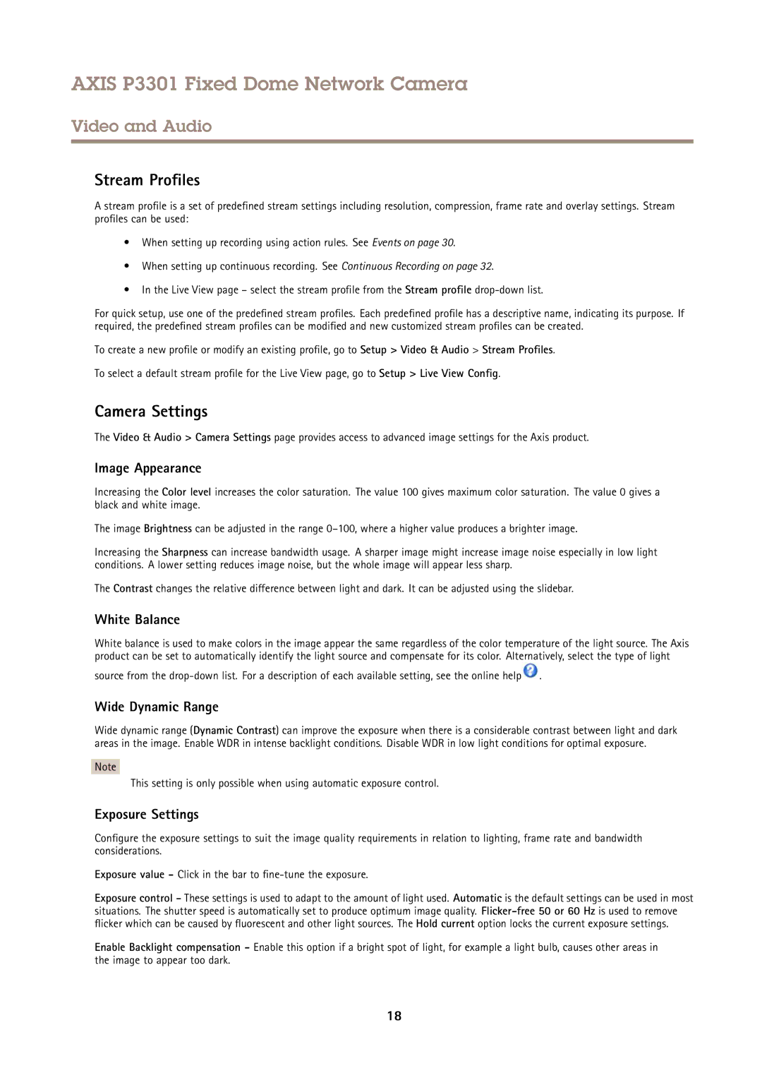 Axis Communications P3301 user manual Stream Profiles, Camera Settings 