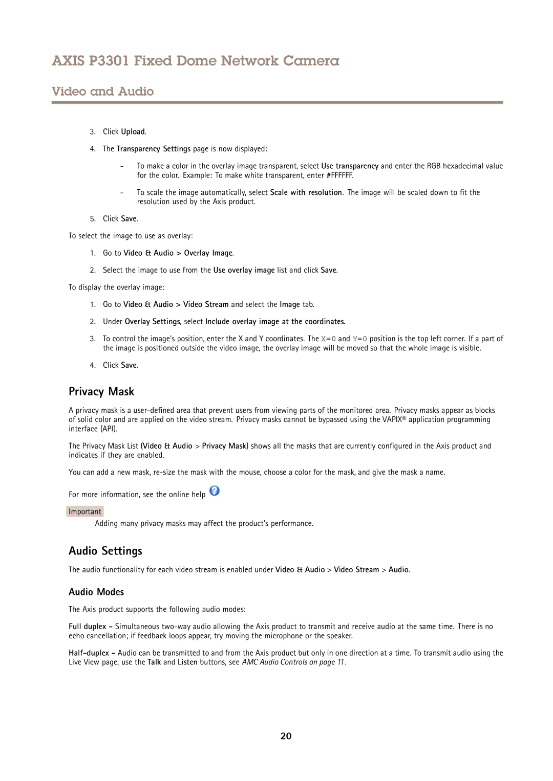 Axis Communications P3301 user manual Privacy Mask, Audio Settings, Audio Modes 