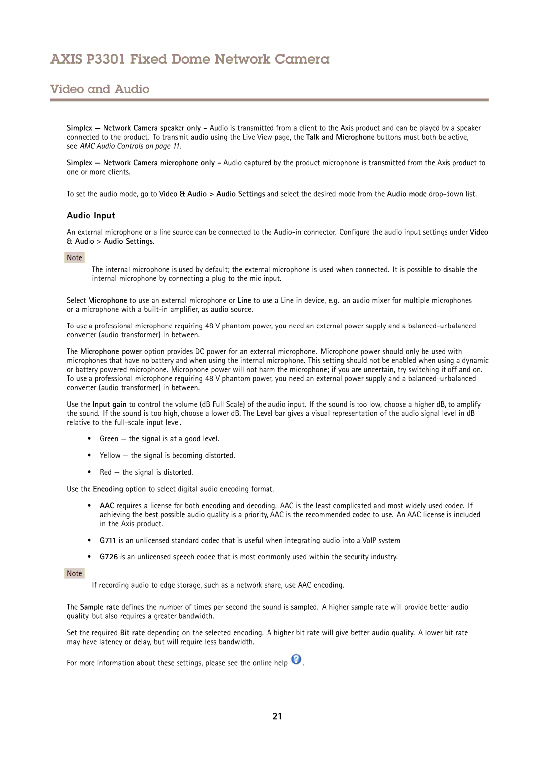 Axis Communications P3301 user manual Audio Input 