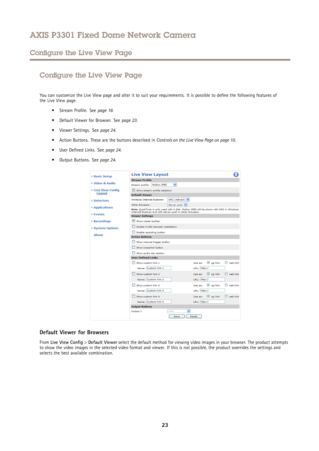 Axis Communications P3301 user manual Configure the Live View, Default Viewer for Browsers 