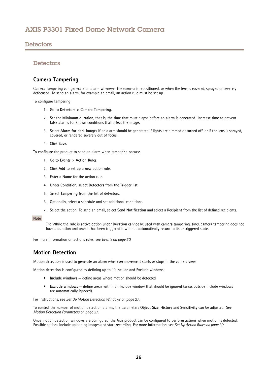 Axis Communications P3301 user manual Motion Detection, Go to Detectors Camera Tampering, Go to Events Action Rules 