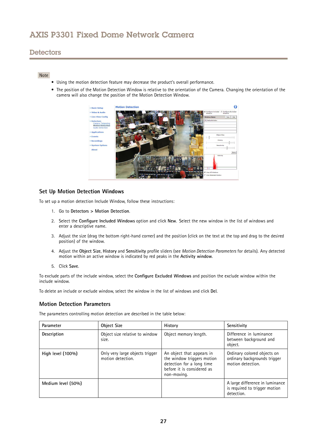 Axis Communications P3301 user manual Set Up Motion Detection Windows, Motion Detection Parameters 