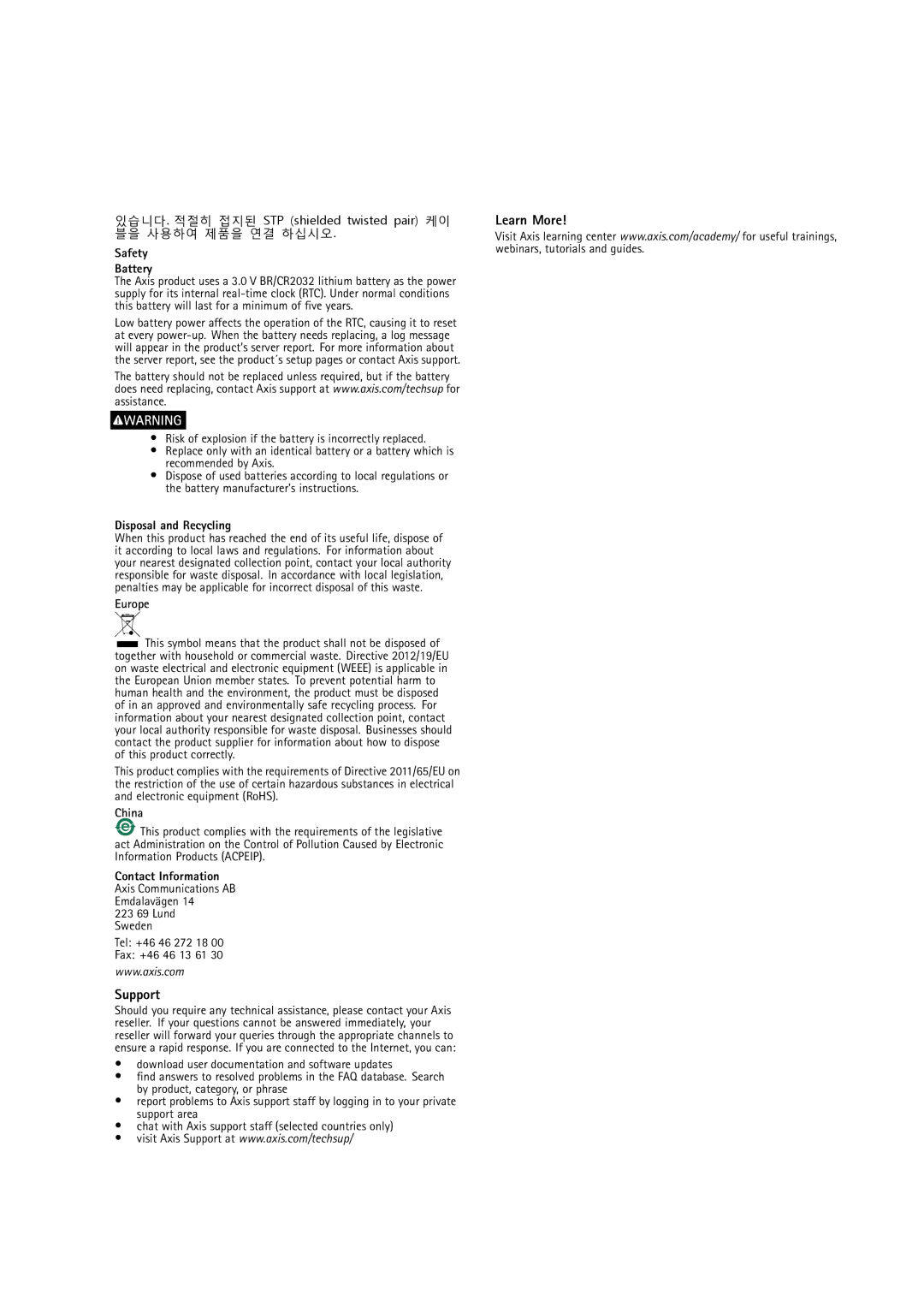 Axis Communications P3301 user manual Support, Learn More 