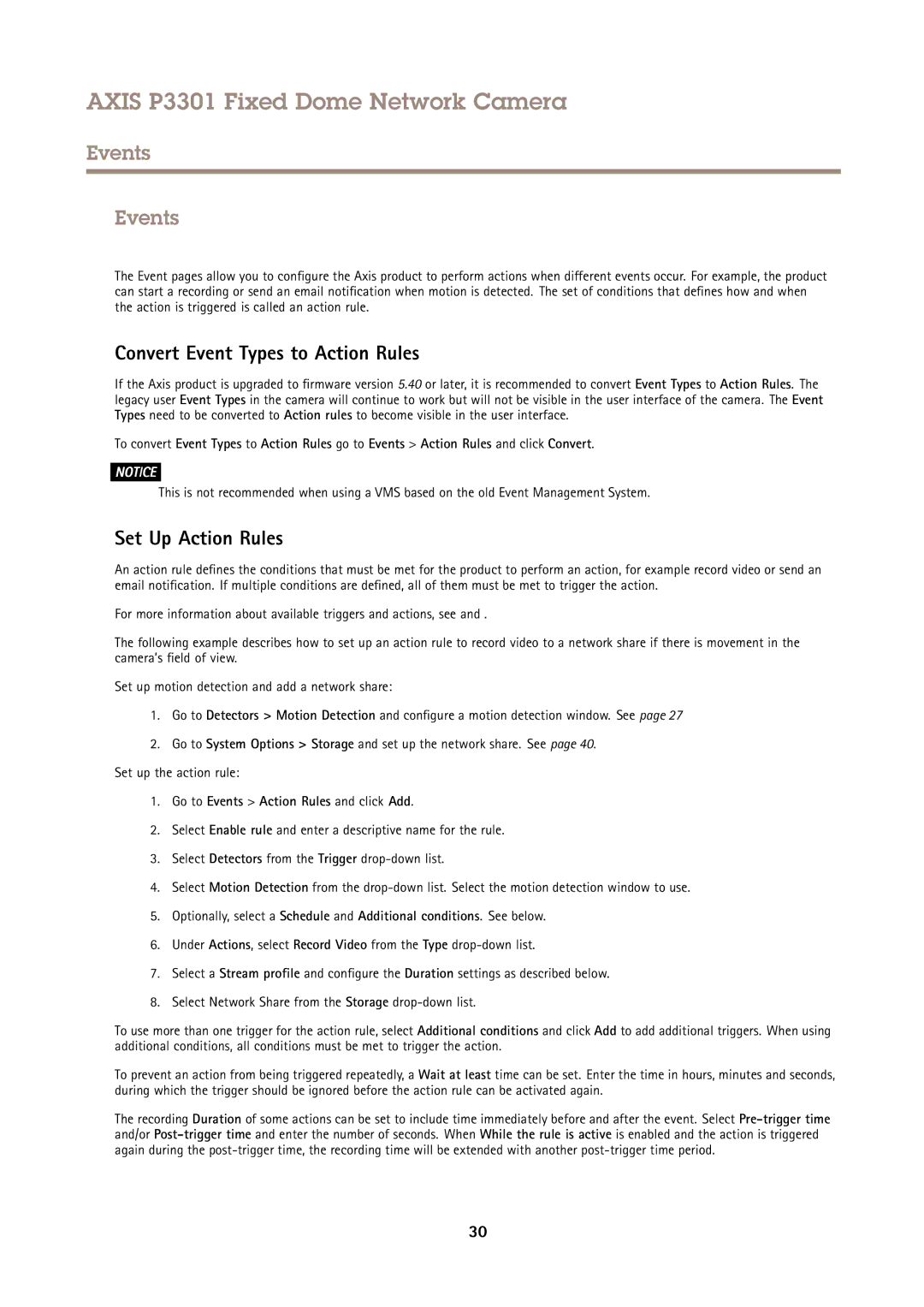 Axis Communications P3301 user manual Events, Convert Event Types to Action Rules, Set Up Action Rules 