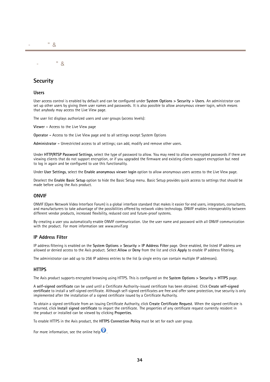 Axis Communications P3301 user manual System Options, Security, Users, IP Address Filter 