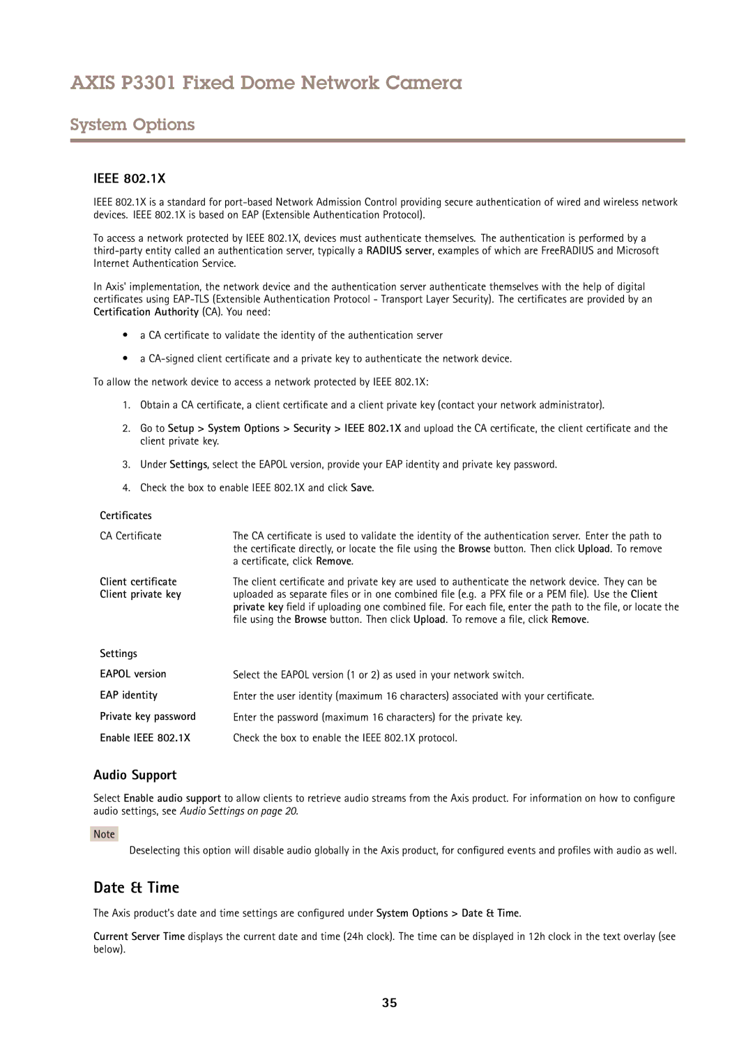 Axis Communications P3301 user manual Date & Time, Ieee, Audio Support, Certificates, CA Certificate 