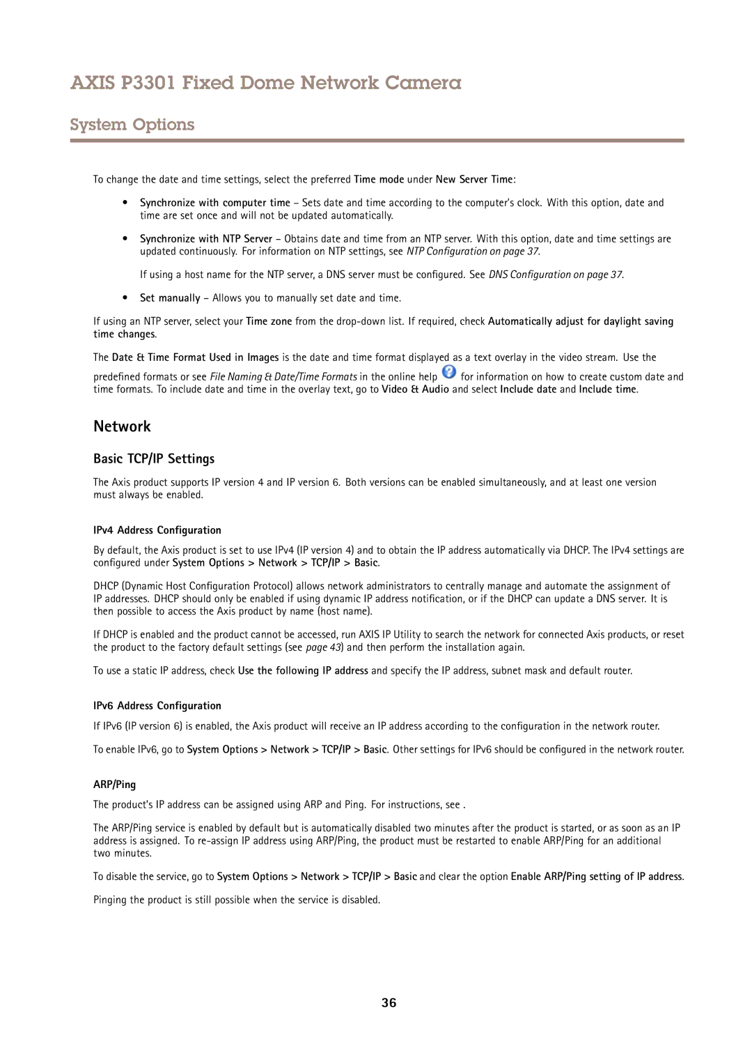 Axis Communications P3301 Network, Basic TCP/IP Settings, IPv4 Address Configuration, IPv6 Address Configuration, ARP/Ping 