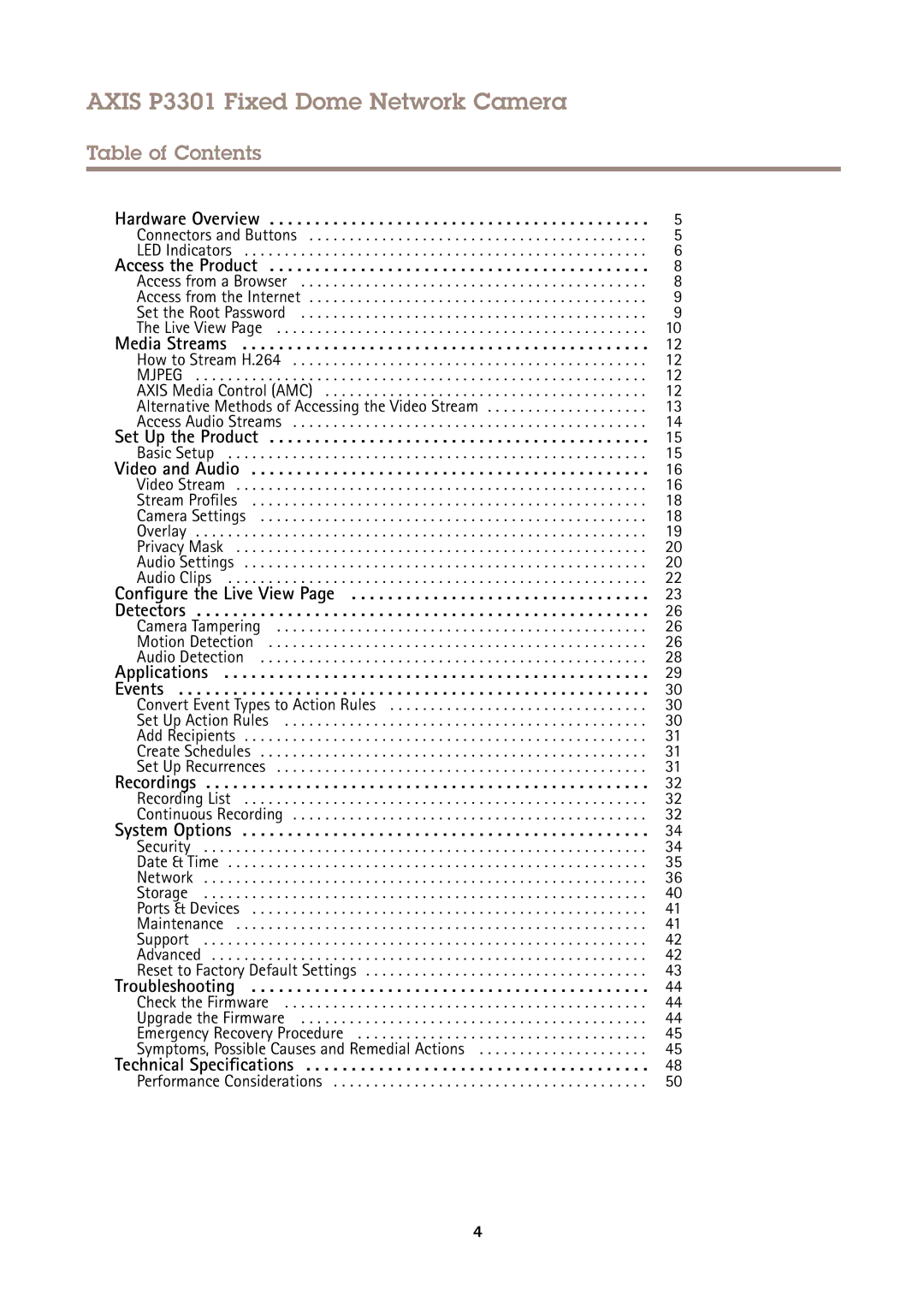 Axis Communications user manual Axis P3301 Fixed Dome Network Camera, Table of Contents 