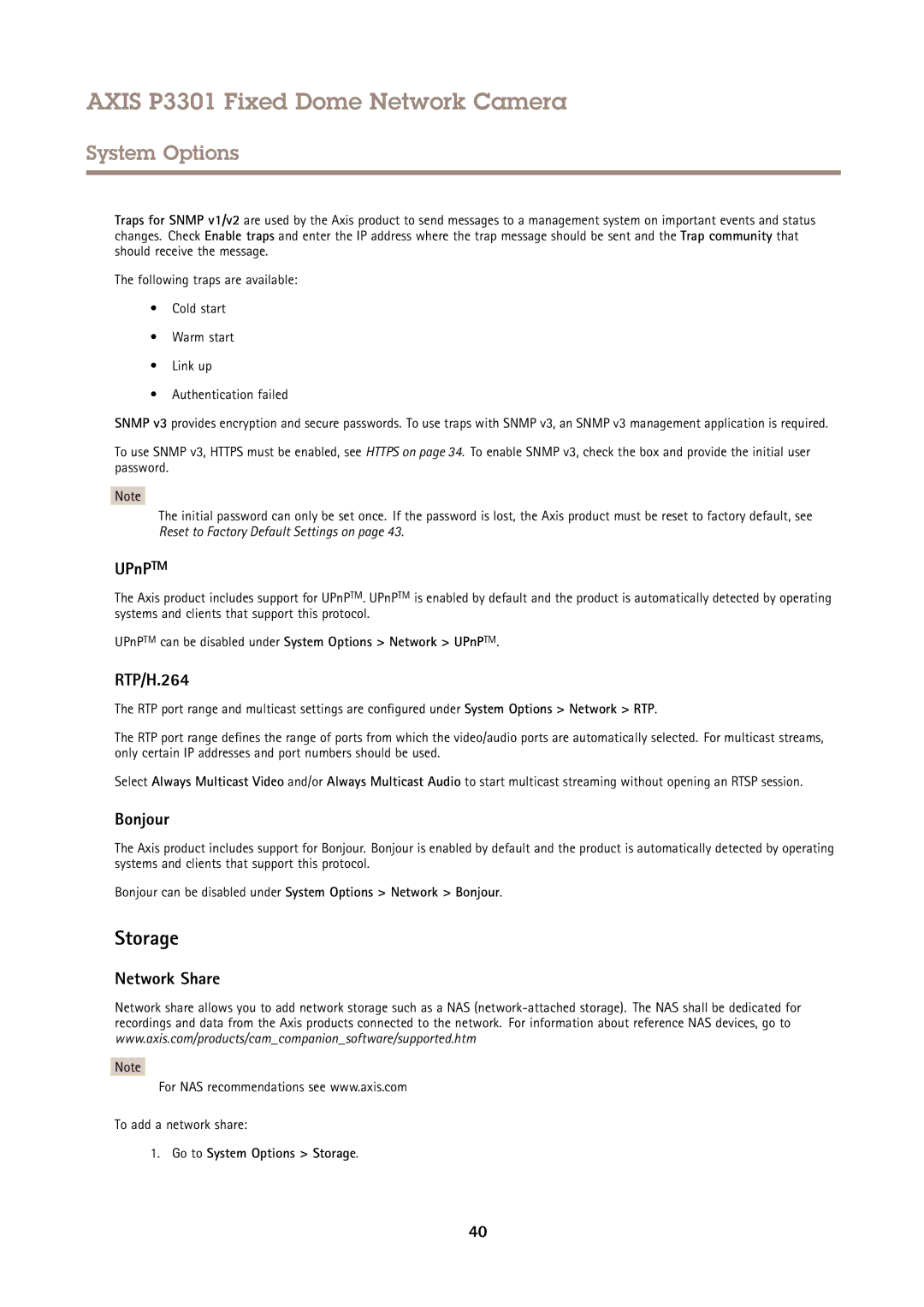 Axis Communications P3301 user manual Storage, UPnPTM, RTP/H.264, Bonjour, Network Share 