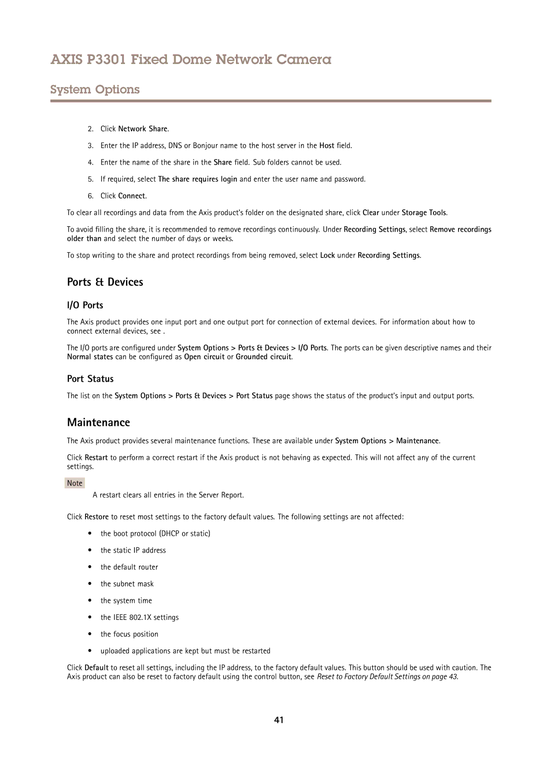 Axis Communications P3301 user manual Ports & Devices, Maintenance, Port Status, Click Network Share 