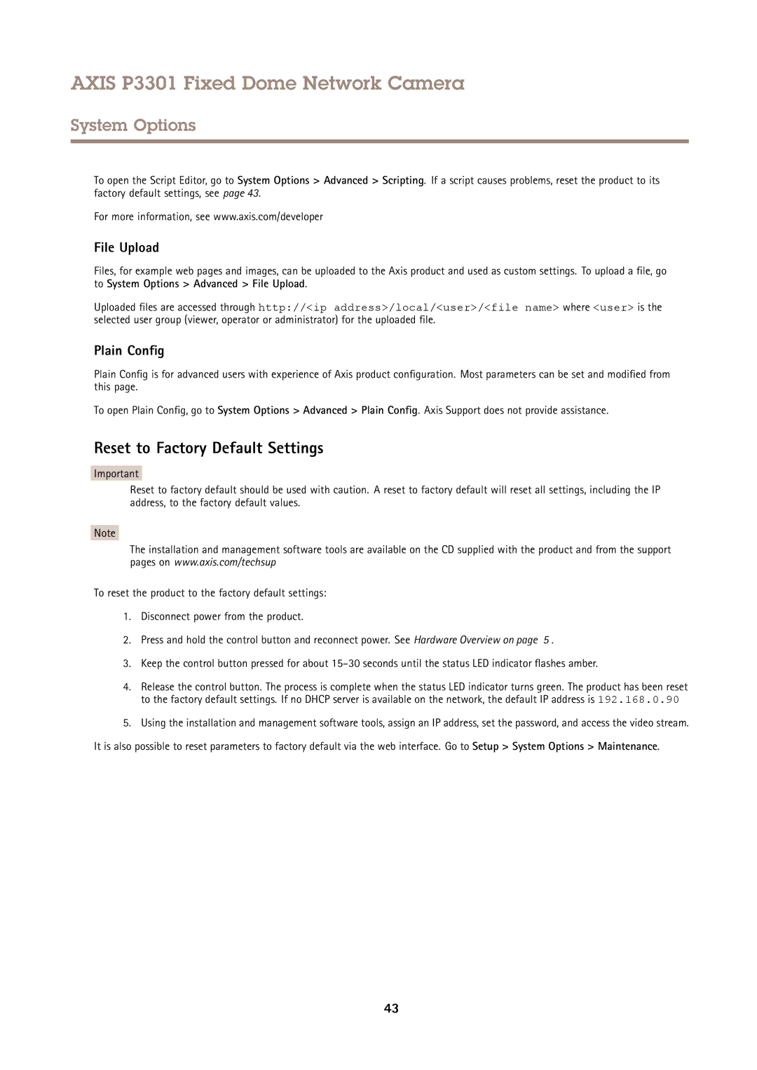 Axis Communications P3301 user manual Reset to Factory Default Settings, File Upload, Plain Config 