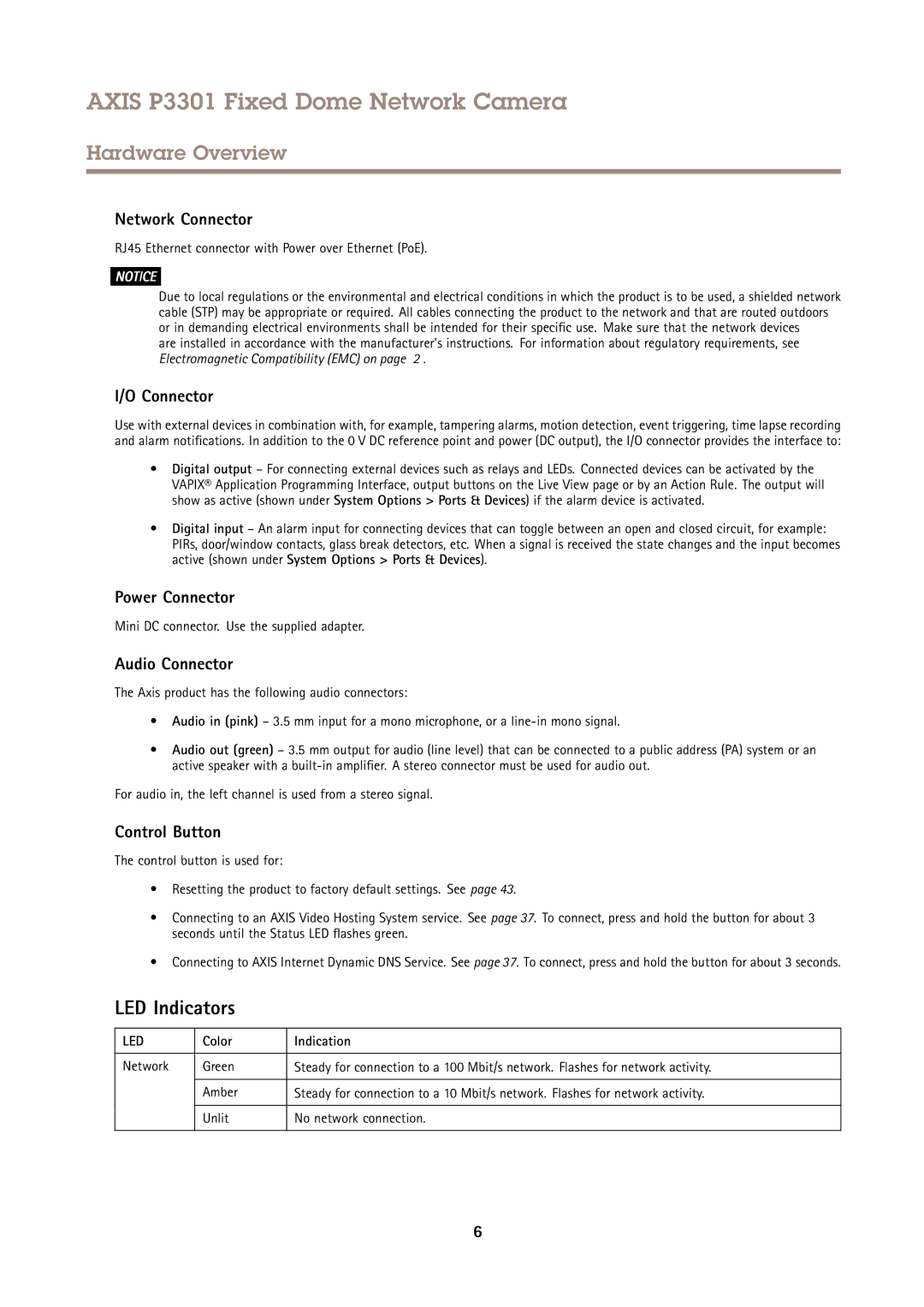 Axis Communications P3301 user manual LED Indicators 