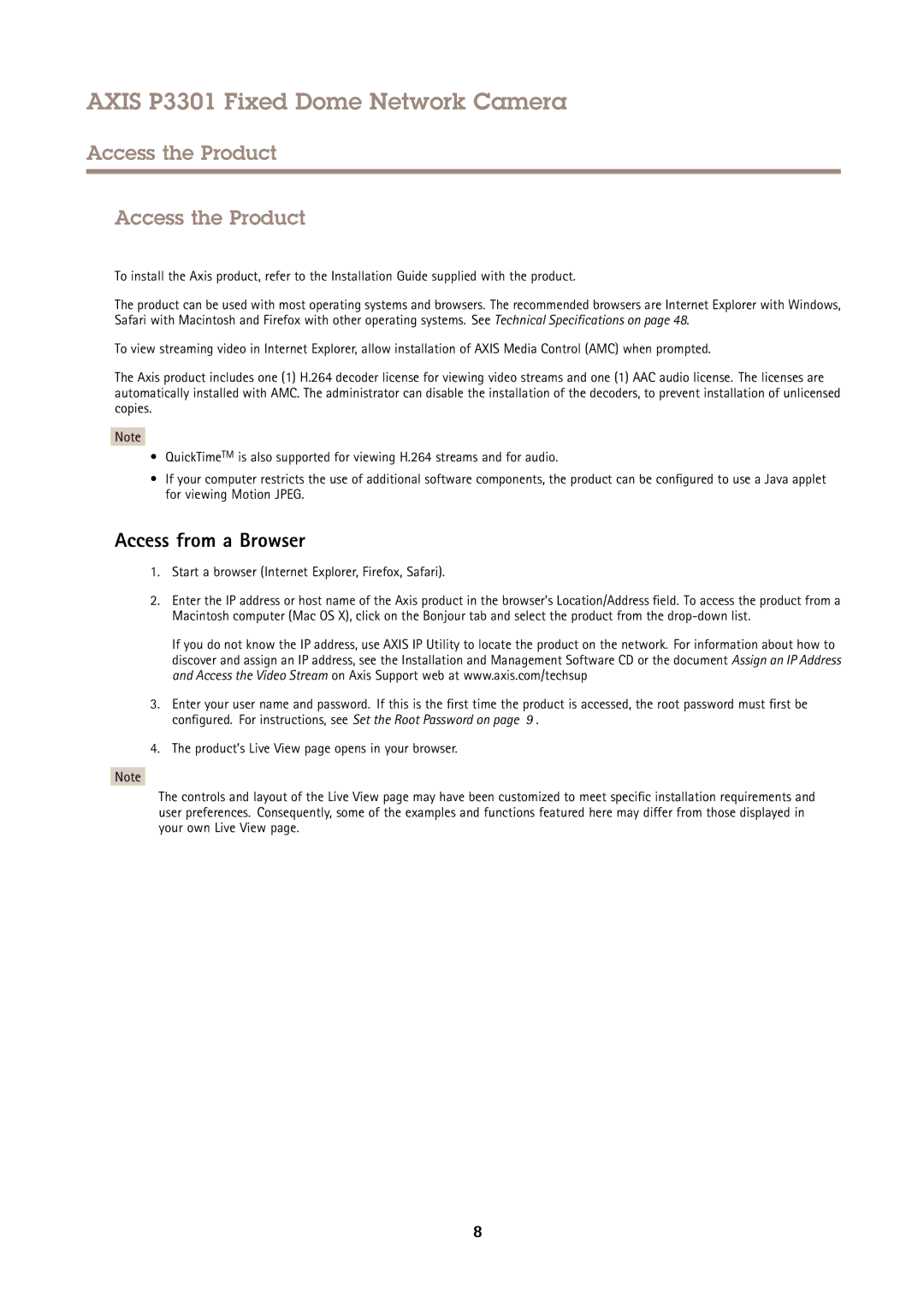 Axis Communications P3301 Access the Product, Access from a Browser, Start a browser Internet Explorer, Firefox, Safari 