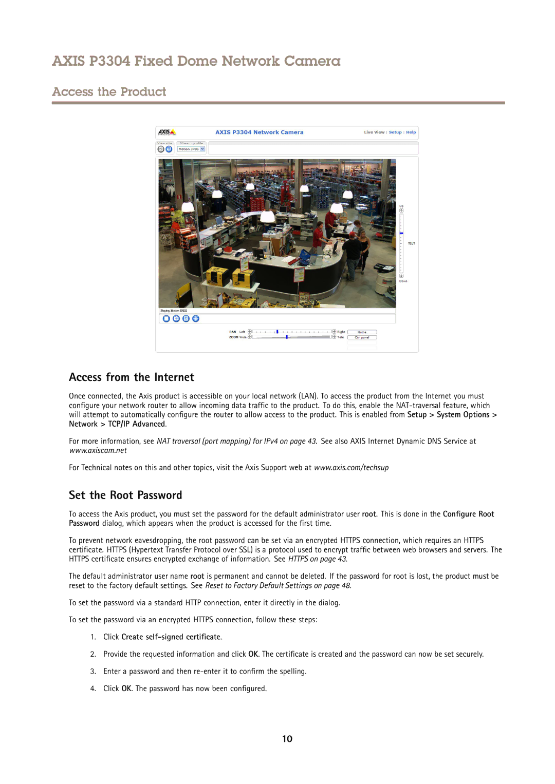 Axis Communications P3304 user manual Access from the Internet, Set the Root Password, Click Create self-signed certificate 