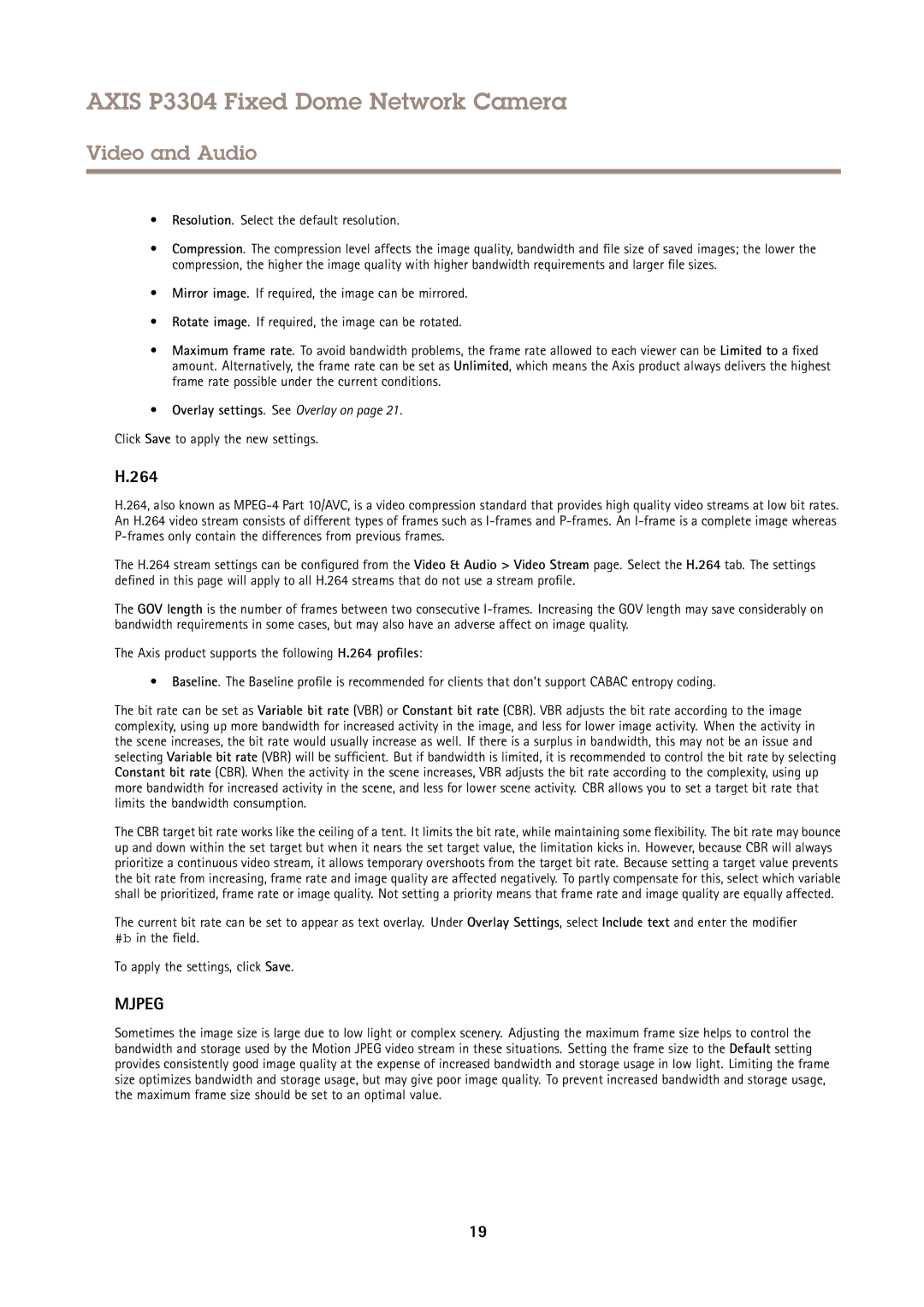 Axis Communications P3304 user manual 264, Resolution. Select the default resolution, Click Save to apply the new settings 