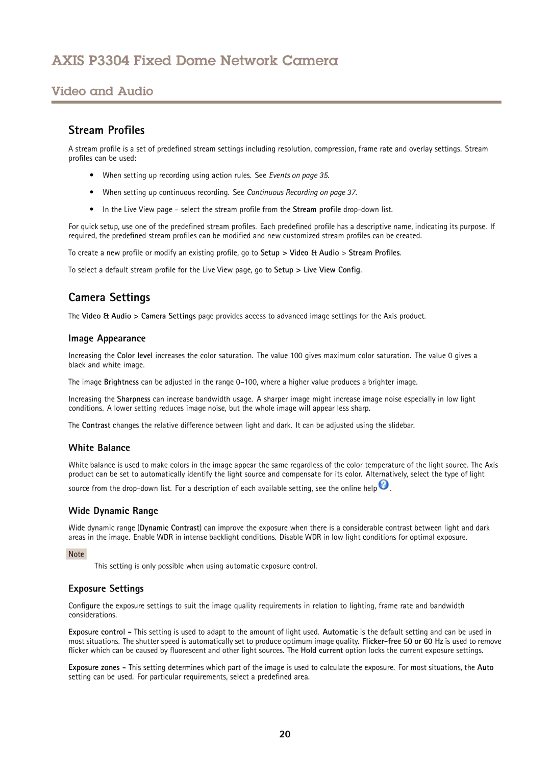 Axis Communications P3304 user manual Stream Profiles, Camera Settings 