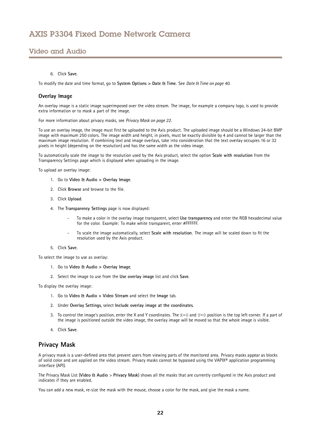 Axis Communications P3304 user manual Privacy Mask, Go to Video & Audio Overlay Image 