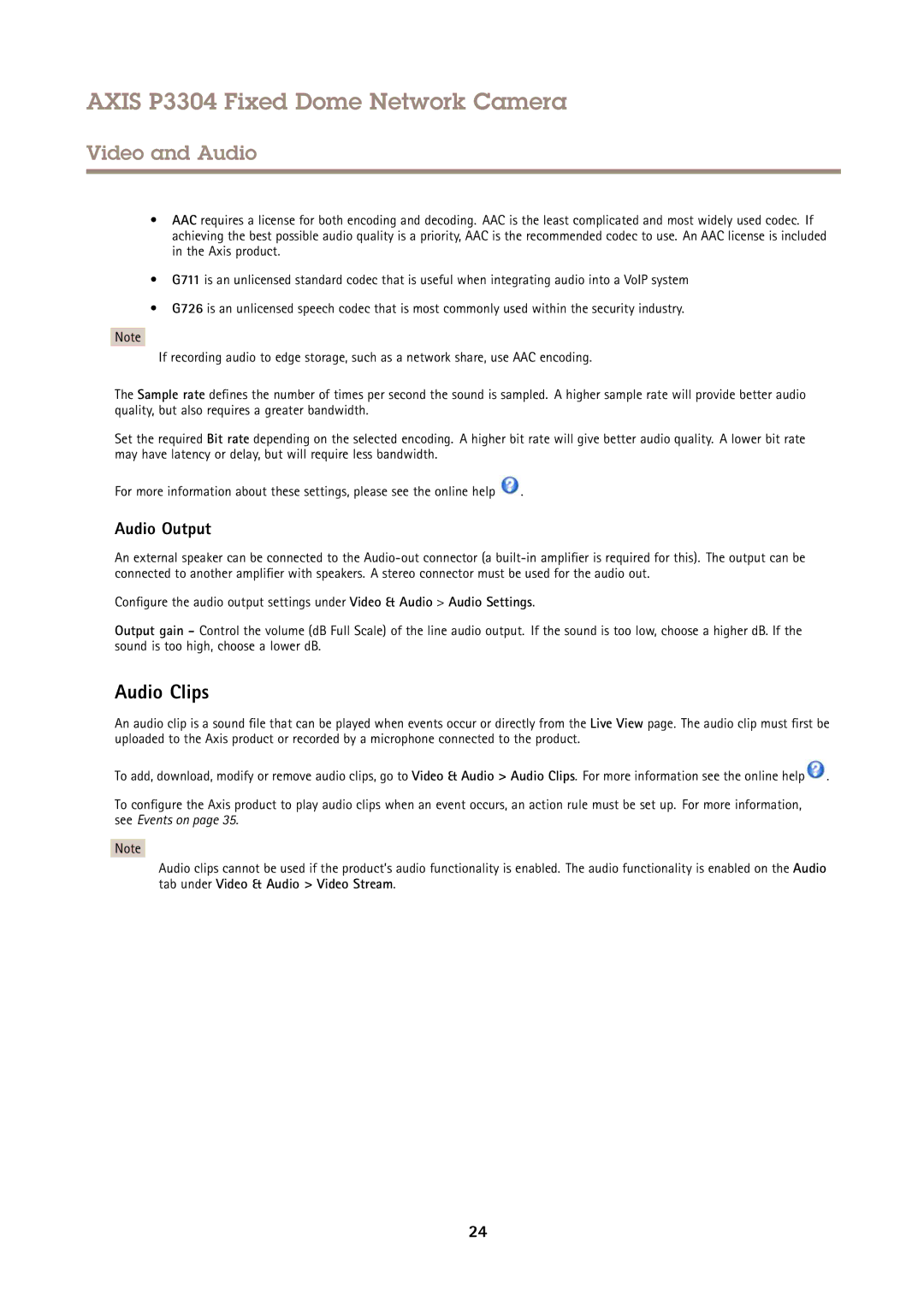 Axis Communications P3304 user manual Audio Clips, Audio Output 