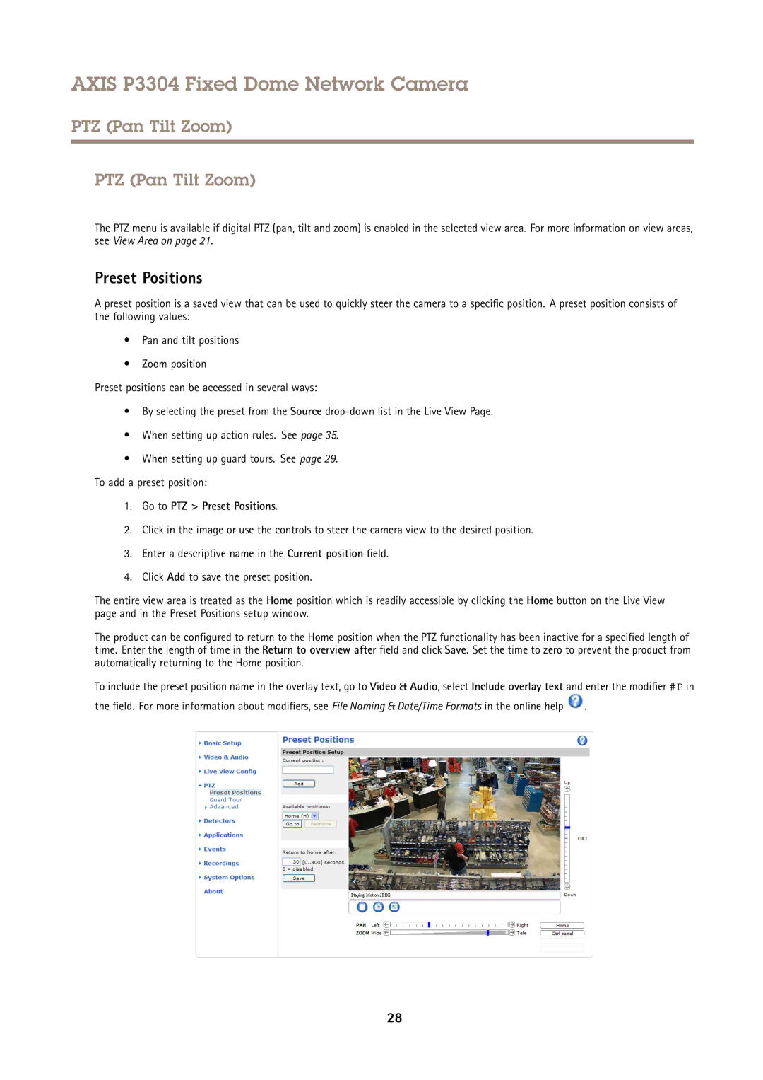 Axis Communications P3304 user manual PTZ Pan Tilt Zoom, Go to PTZ Preset Positions 