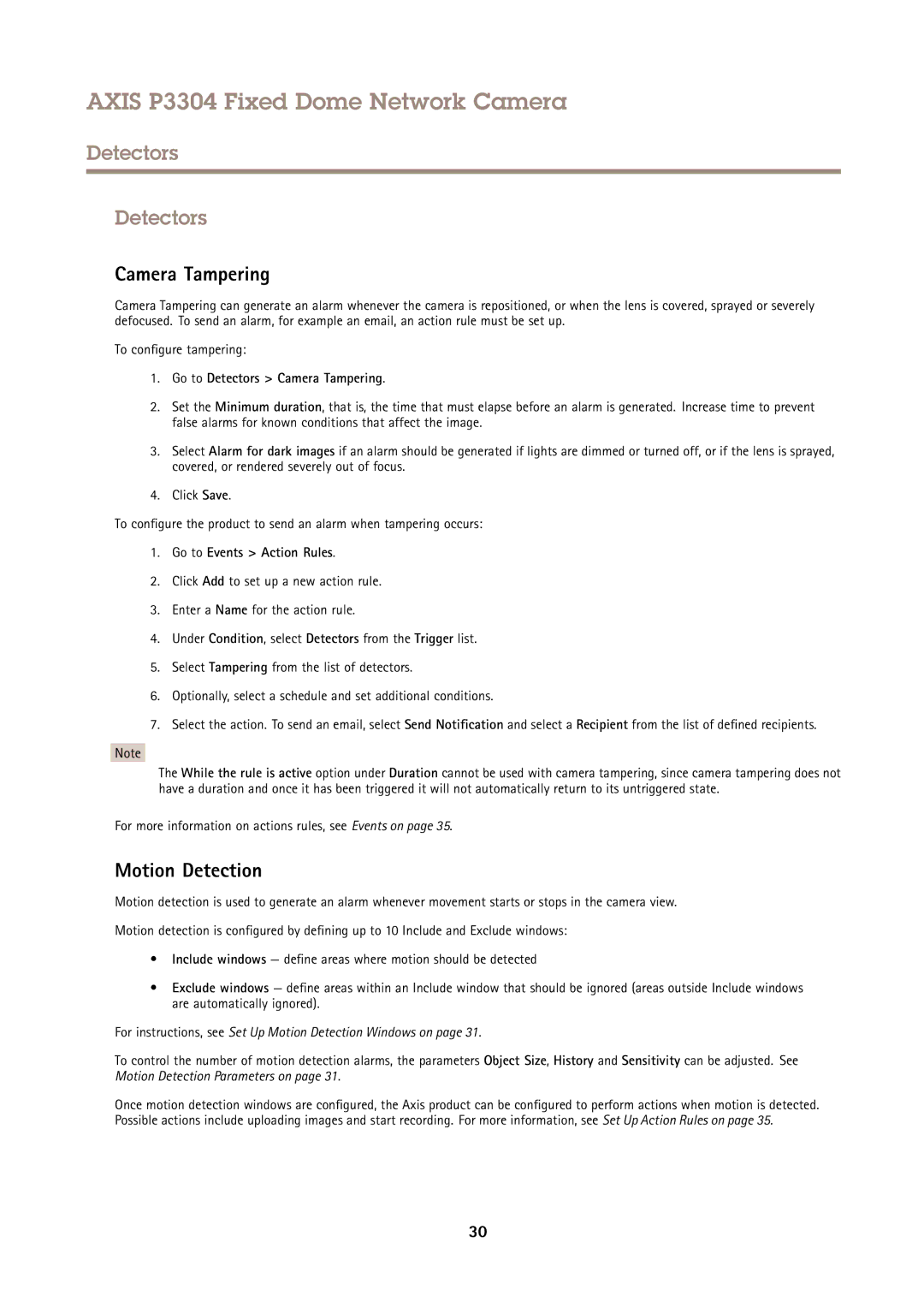 Axis Communications P3304 user manual Motion Detection, Go to Detectors Camera Tampering, Go to Events Action Rules 