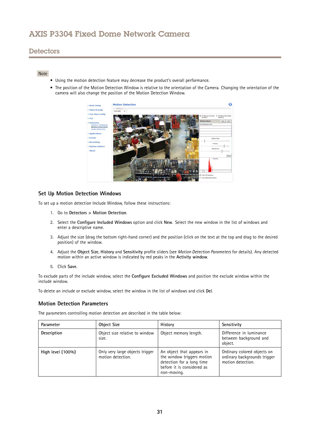Axis Communications P3304 Set Up Motion Detection Windows, Motion Detection Parameters, Go to Detectors Motion Detection 