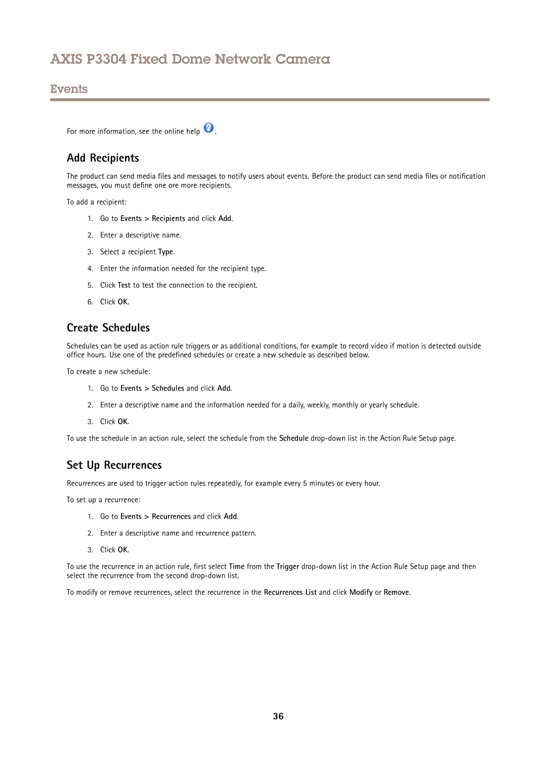 Axis Communications P3304 user manual Add Recipients, Create Schedules, Set Up Recurrences 