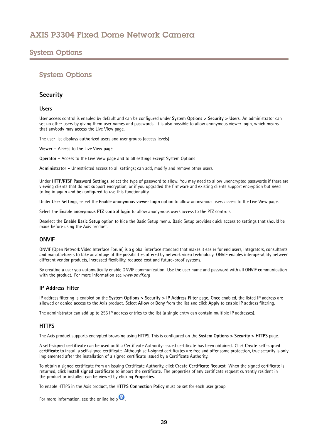 Axis Communications P3304 user manual System Options, Security, Users, IP Address Filter 