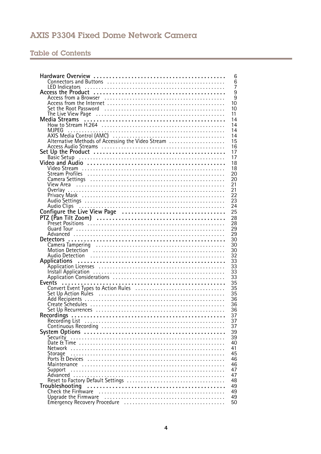 Axis Communications user manual Axis P3304 Fixed Dome Network Camera, Table of Contents 