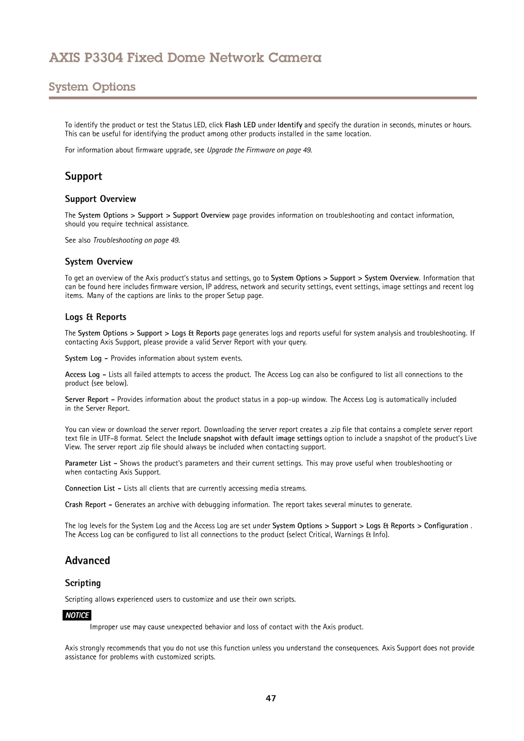 Axis Communications P3304 user manual Support Overview, System Overview, Logs & Reports, Scripting 