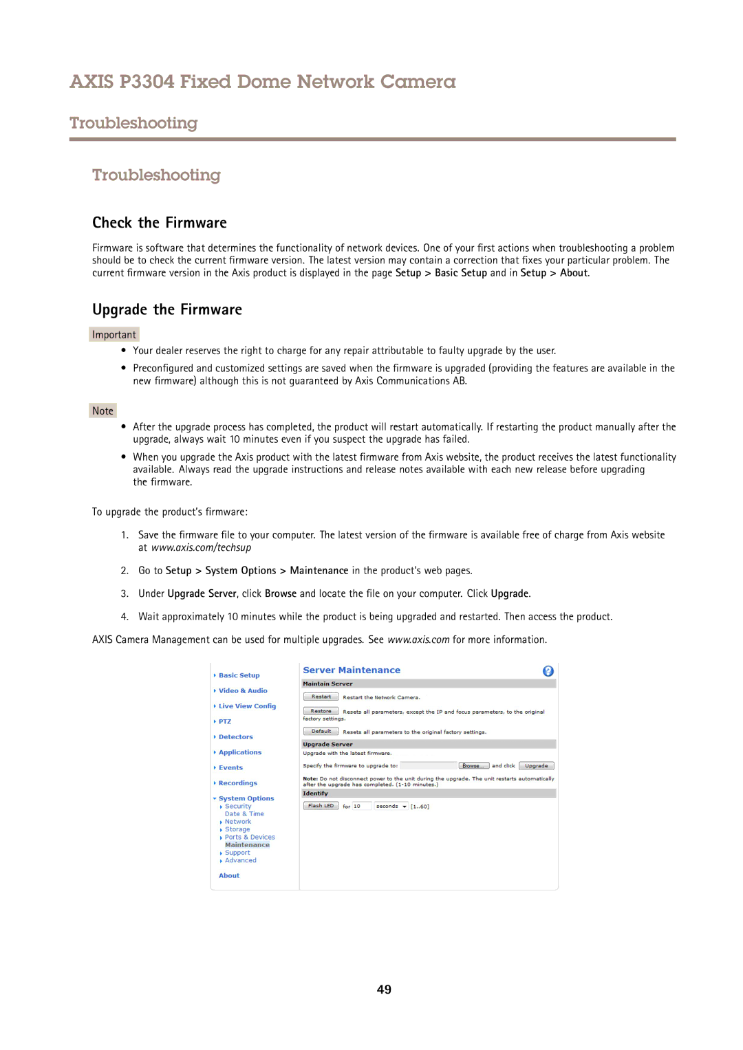 Axis Communications P3304 user manual Troubleshooting, Check the Firmware, Upgrade the Firmware 