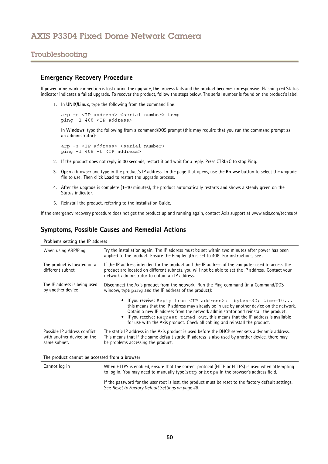 Axis Communications P3304 user manual Emergency Recovery Procedure, Symptoms, Possible Causes and Remedial Actions 