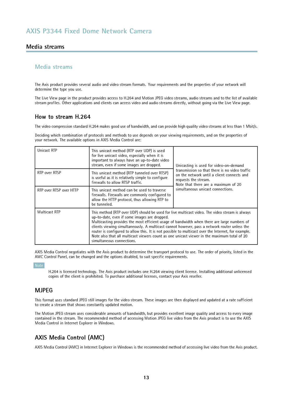 Axis Communications p3344 user manual Media streams, How to stream H.264, Axis Media Control AMC 