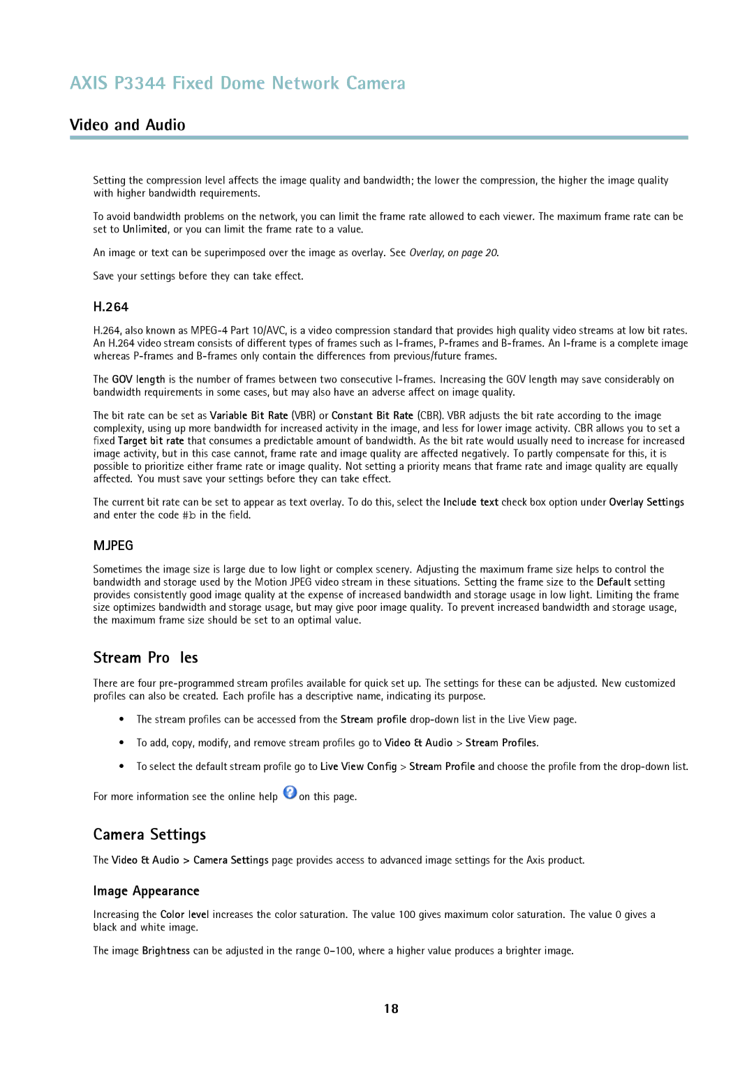 Axis Communications p3344 user manual Stream Proﬁles, Camera Settings, 264, Image Appearance 