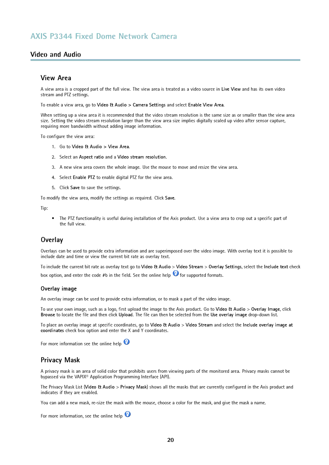 Axis Communications p3344 user manual View Area, Privacy Mask, Overlay image 