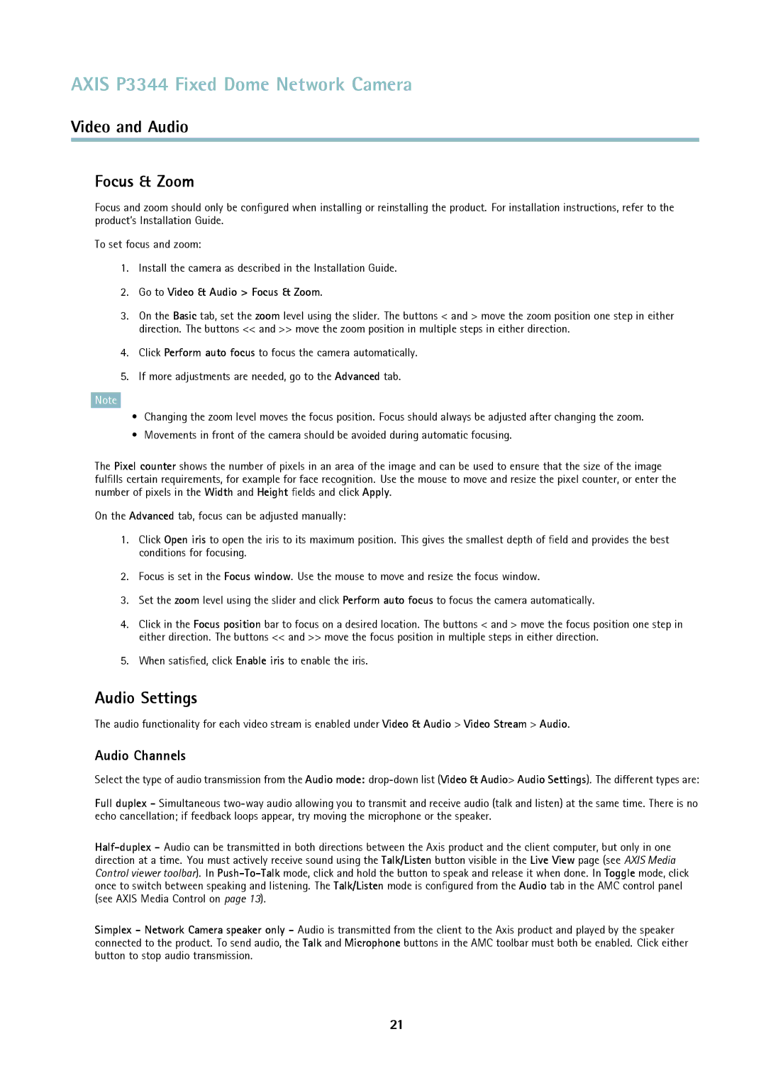 Axis Communications p3344 user manual Audio Settings, Audio Channels, Go to Video & Audio Focus & Zoom 